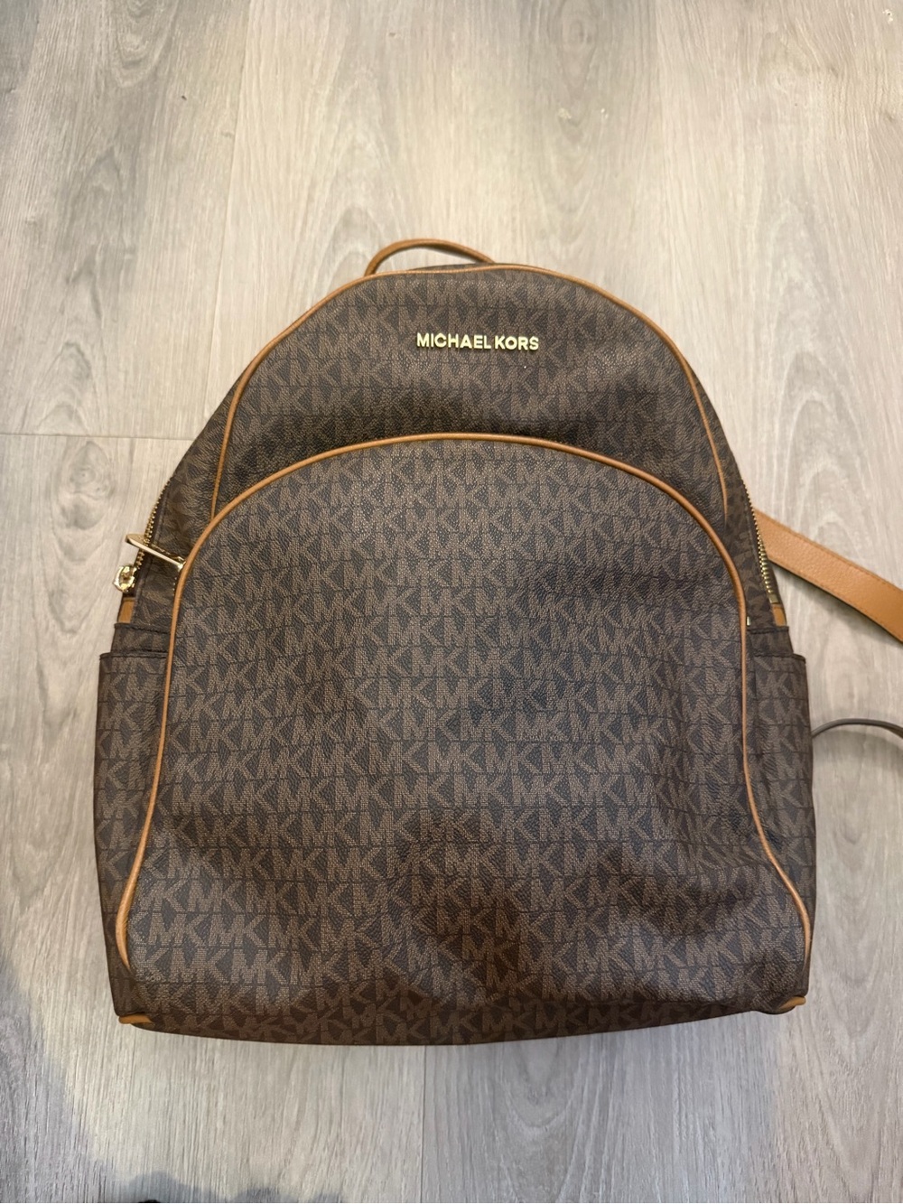 Michael Kors Brown MK Monogram Backpack with Tan Trim